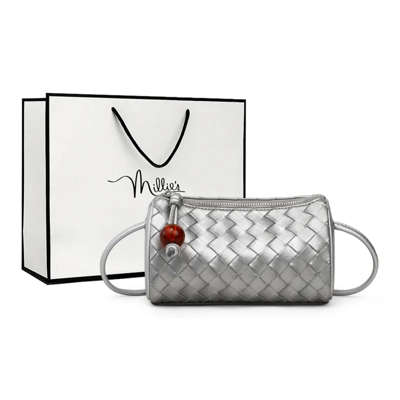 MILLIE'S Cow Leather With Synthetic Leather Cylinder Bag, Shoulder Bag, Crossbody Bag Regular Women's Ecru/Silver-3