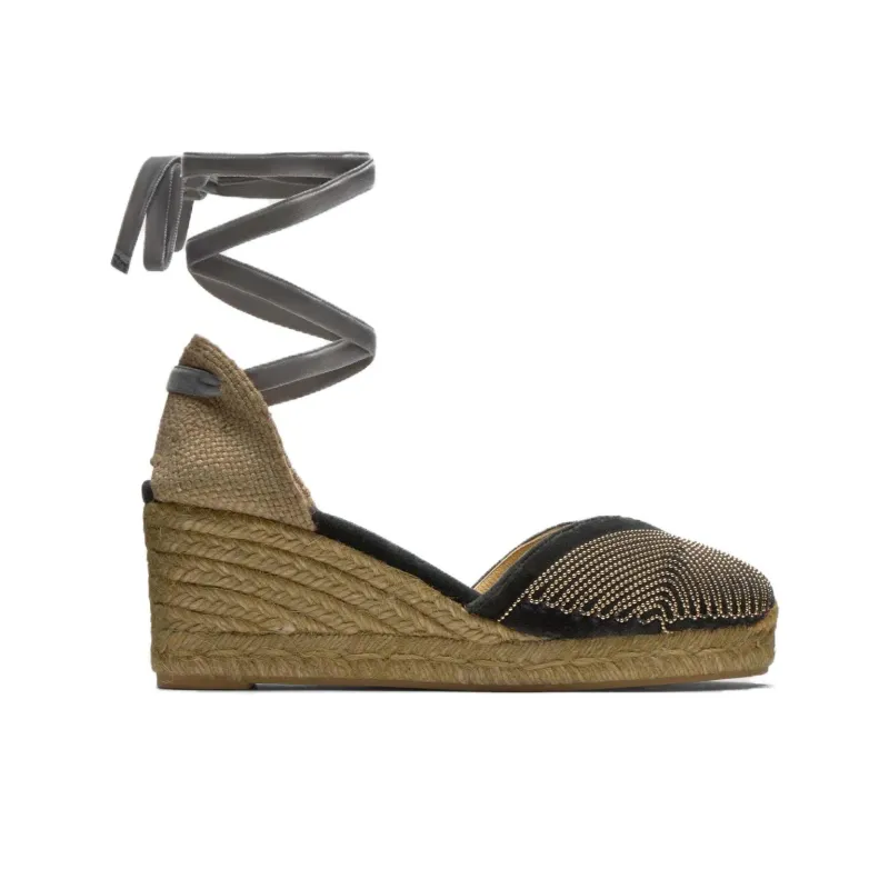 Castañer Chiara BEADS T Wedge Heel High Heels 7cm Women's Black Gold-1