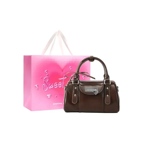 ONE TIME Synthetic Leather Ballet Boston Bag Handbag Women's Black Oil Wax/Coffee Brown