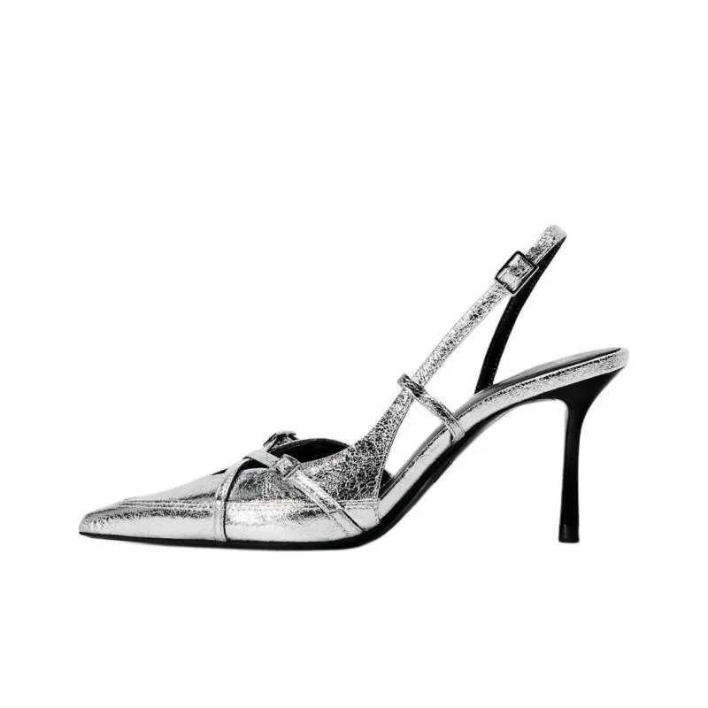 ZARA Slim Heel High Heels 8cm Women's Silver-0