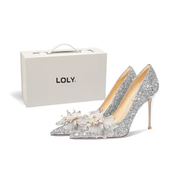 LOLY Princess Style Crystal Shoes With Rhinestone Bowknot Slim Heel Birthday Gift Graduation Gift High Heels Silver