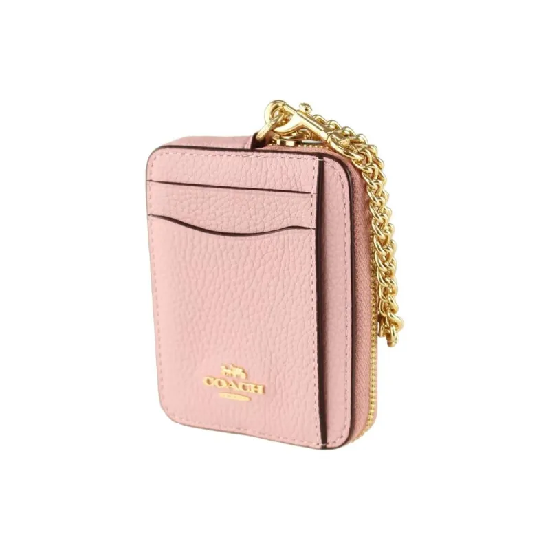 COACH Card Case Pebbled Cow Leather Document Wallet Card Holders Mini Women's Pink-1