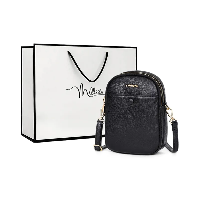 MILLIE'S Cow Leather With Synthetic Leather Cell Phone Pouch, Shoulder Bag, Crossbody Bag Small Size Women's Black-1