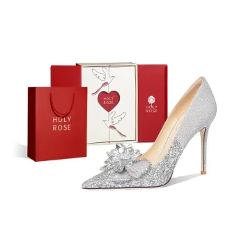 Holy Rose Bride Crystal Shoes, Box Silver Princess Style High Heels Wedding Shoes Women's