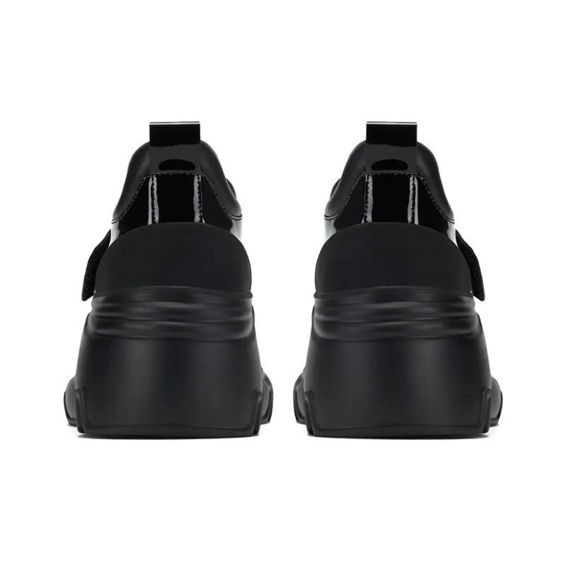GG CC British Style Small Leather Shoes Chunky Heel Hook and Loop Fashion Loafers High Heels 7cm Women's Black-3