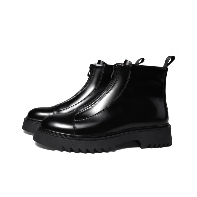 THOM WILLS Trendy Versatile Fall And Winter Zip Closure Leather Boots Ankle Boots Men's Black-1