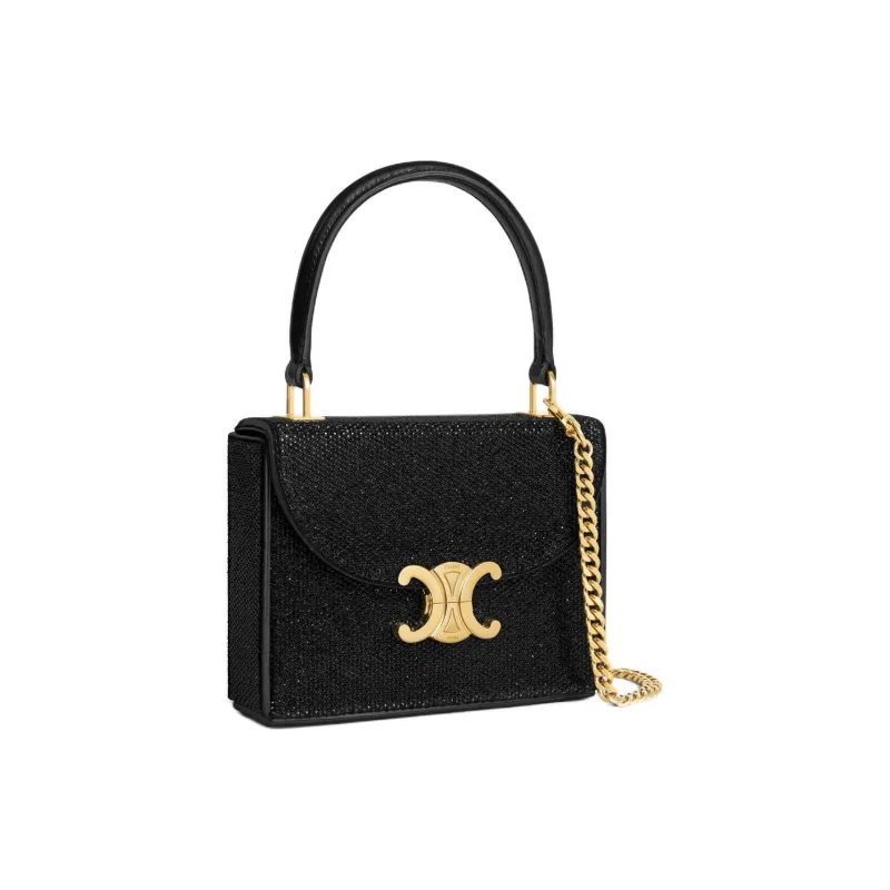 CELINE Rhinestone Calfskin Shoulder Bag, Crossbody Bag, Handbag Small Size Women's Black-1