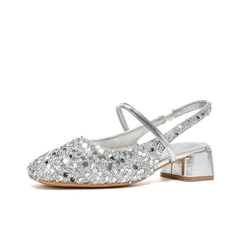EBLAN Chunky Heel High Heels Women's Silver-1