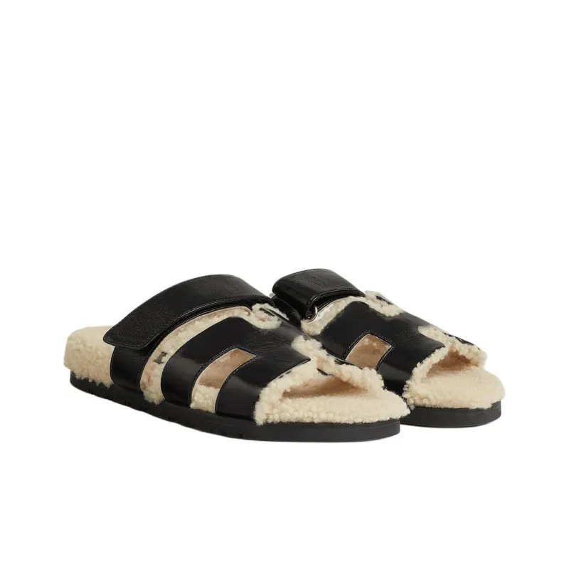 HERMES Chypre Rubber Sole Slip Resistant Slide Slippers Women's Black-2