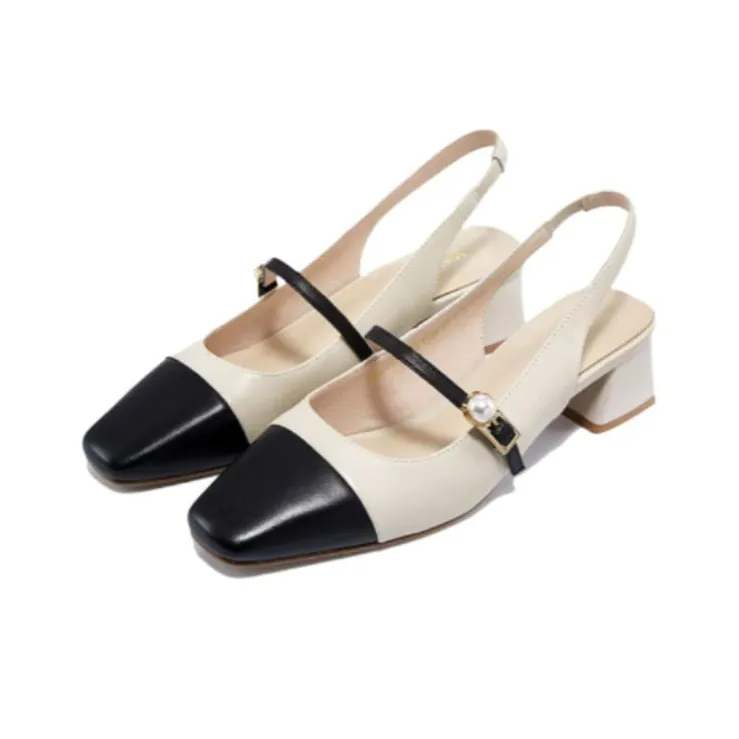 HARSON Block Heel Mary Jane Shoes 3.8cm Women's Beige Black-1