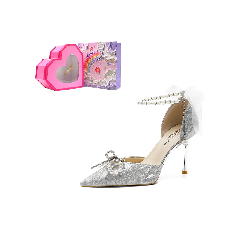 Crelinkxlat Pointed Toe Bowknot Crystal Shoes Slim Heel Box For High Heels Women's Silver-14