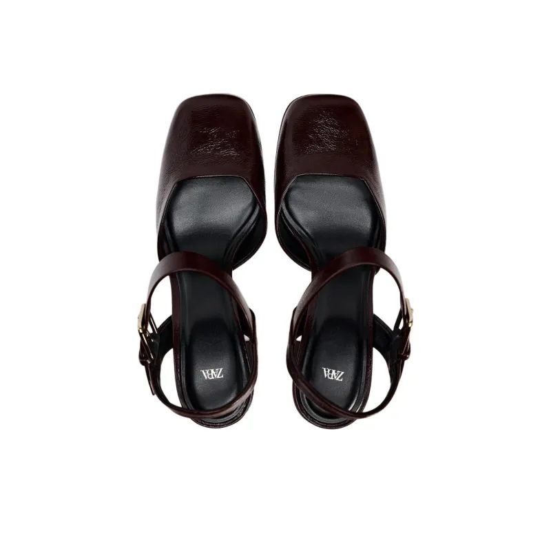 ZARA Chunky Heel High Heels Women's Burgundy-3