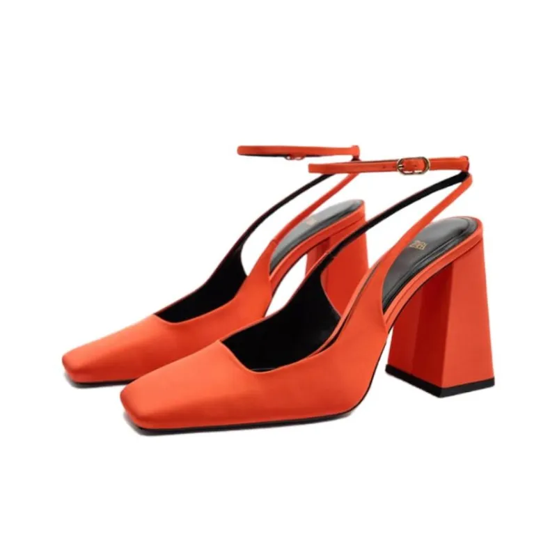 ZARA Chunky Heel High Heels 9.5cm Women's Orange-1