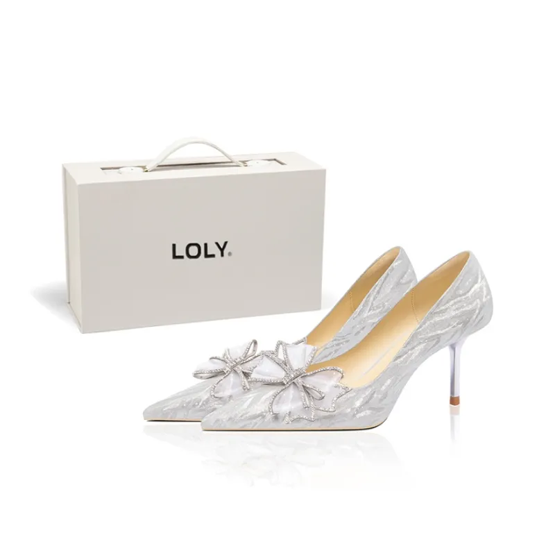 LOLY Fairy Style Bowknot Crystal Wedding Shoes Slim Heel High Heels Silver-0