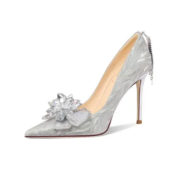 LOLY Fairy Style Bowknot Crystal Coming-of-Age Ceremony Wedding Shoes Slim Heel High Heels Silver