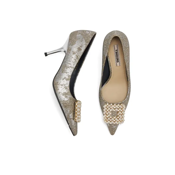 73Hours Golden Years Box Slim Heel High Heels 8cm Women's Gold Silver-4