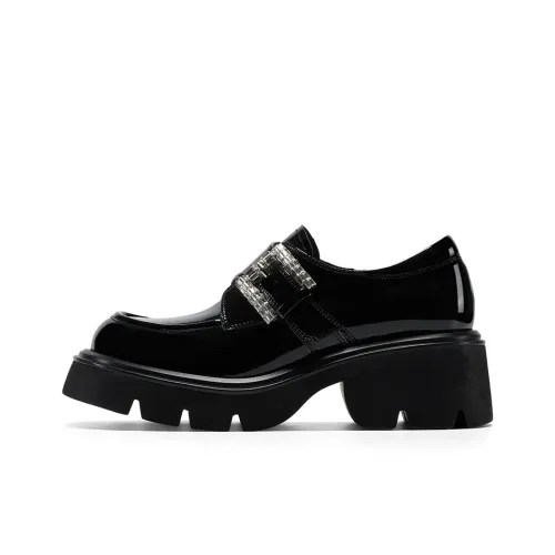 GG-CC Platform Small Leather Shoes Chunky Heel Preppy Loafers 6CM Women's Black