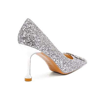 Crelinkxlat Pointed Toe Luxury Style Rhinestone Square Buckle Slim Heel High Heels Women's-2