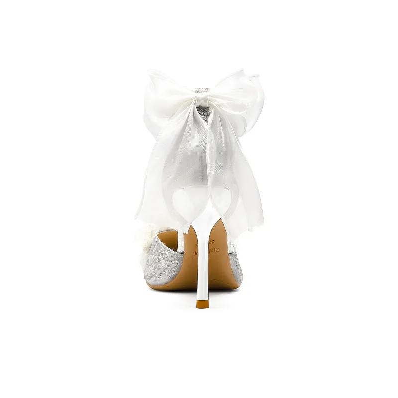 Crelinkxlat [Glaze Starlight]Pearl Bowknot, Crystal Shoes Wedding Shoes High Heels, Women's-14
