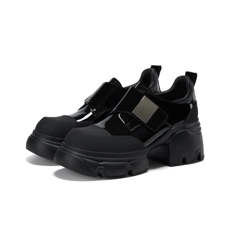GG CC British Style Small Leather Shoes Chunky Heel Hook and Loop Fashion Loafers High Heels 7cm Women's Black-2