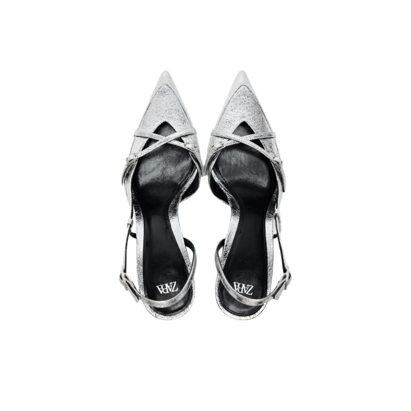 ZARA Slim Heel High Heels 8cm Women's Silver-2