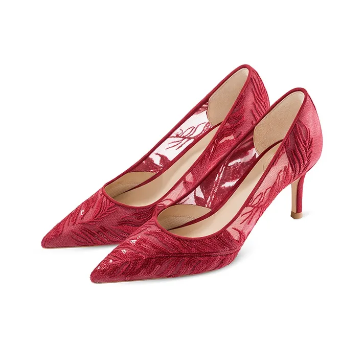 7or9 Red Coral Slim Heel Wedding Bride Air Cotton High Heels 7cm Women's Red-1