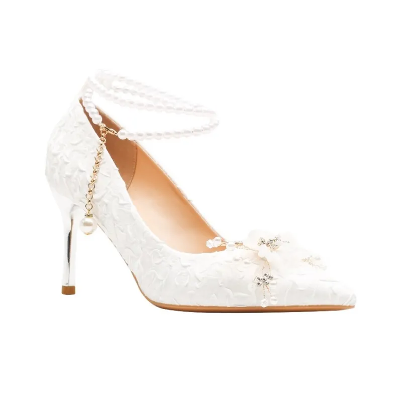HKCP Slim Heel High Heels 8cm Women's White-1