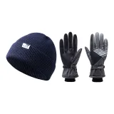 Knitted Hat (Blue)+Ski Glove (Black Gray)