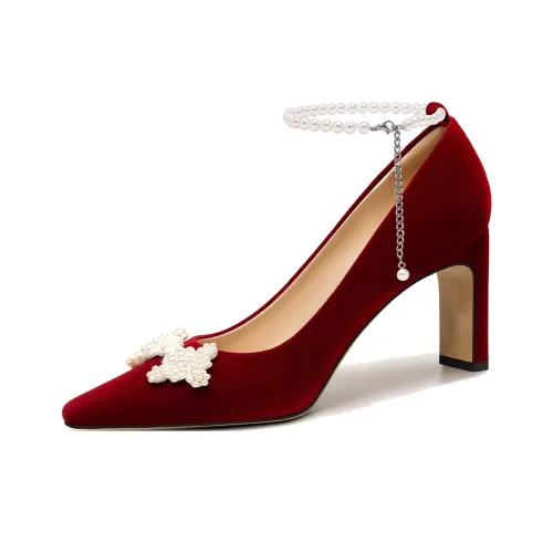Lily Wei Display Case Chunky Heel High Heels 7.5cm Women's Velour Red