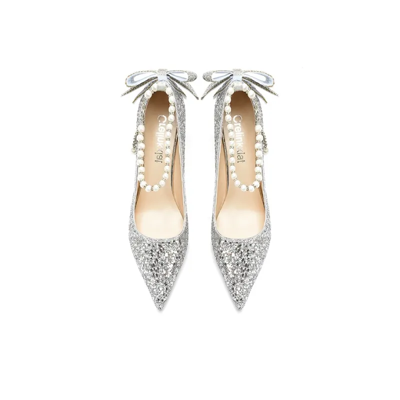 Crelinkxlat French Fairy Soft Pointed Toe Elegance Evening Princess Crystal Slim Heel High Heels Women's-17