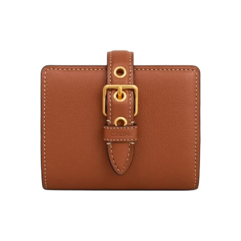 CELINE Cow Leather Wallet Small Size Women's Brown-0