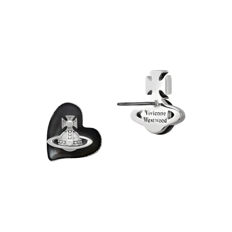 Vivienne Westwood Heart Saturn Asymmetrical Stud Earrings Women's Black/Silver-1
