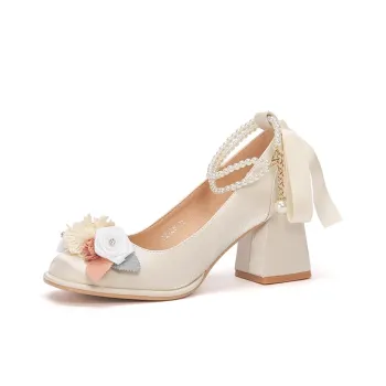 Take The Qin Chunky Heel High Heels 7cm Women's Champagne