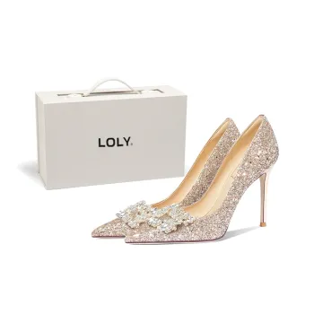 LOLY Crystal Shoes French Wedding Shoes For Women's Slim Heel High Heels Gold