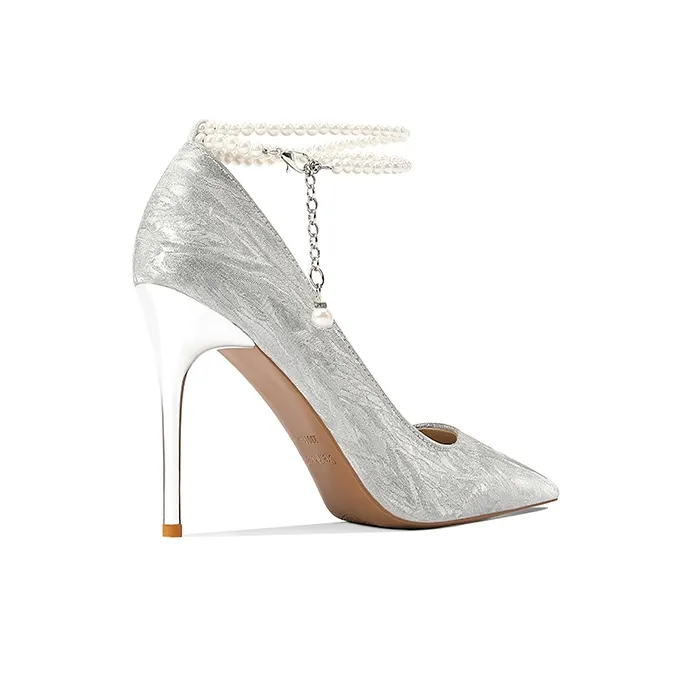 Crelinkxlat Rhinestone Butterfly Slim Heel High Heels Women's Silver-13