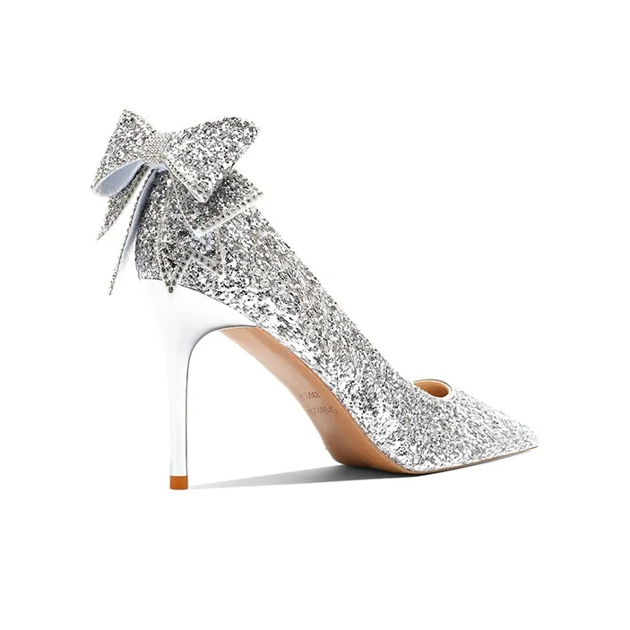Crelinkxlat French Fairy Soft Pointed Toe Elegance Evening Princess Crystal Slim Heel High Heels Women's-9
