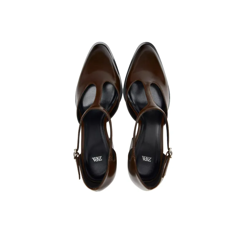 ZARA Chunky Heel High Heels 9cm Women's Brown-3