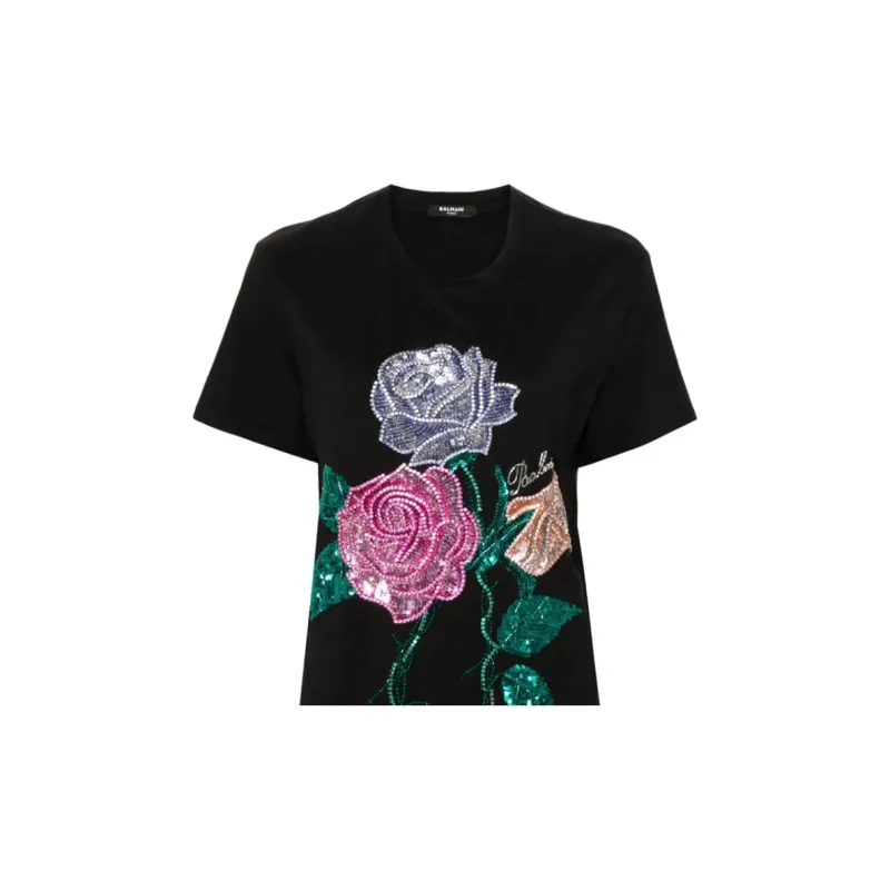 BALMAIN Rose Embellished Crewneck T-Shirt-4