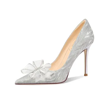 Holy Rose Pointed Toe Bowknot Wedding Shoes Slim Heel High Heels Women's Silver