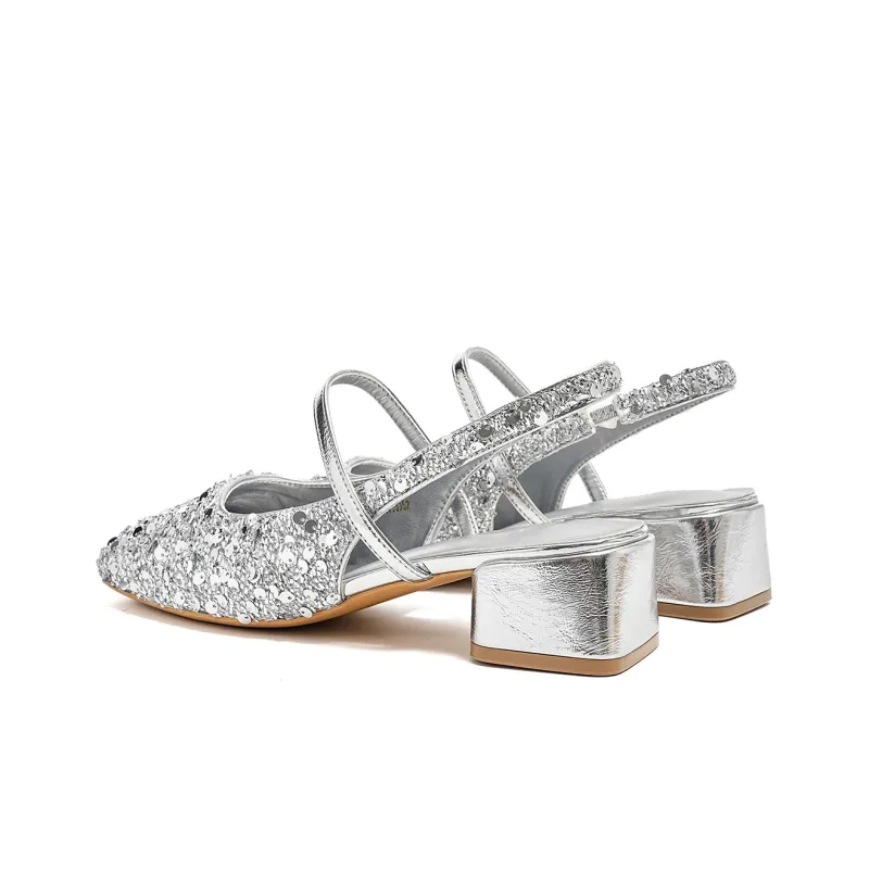 EBLAN Chunky Heel High Heels Women's Silver-2