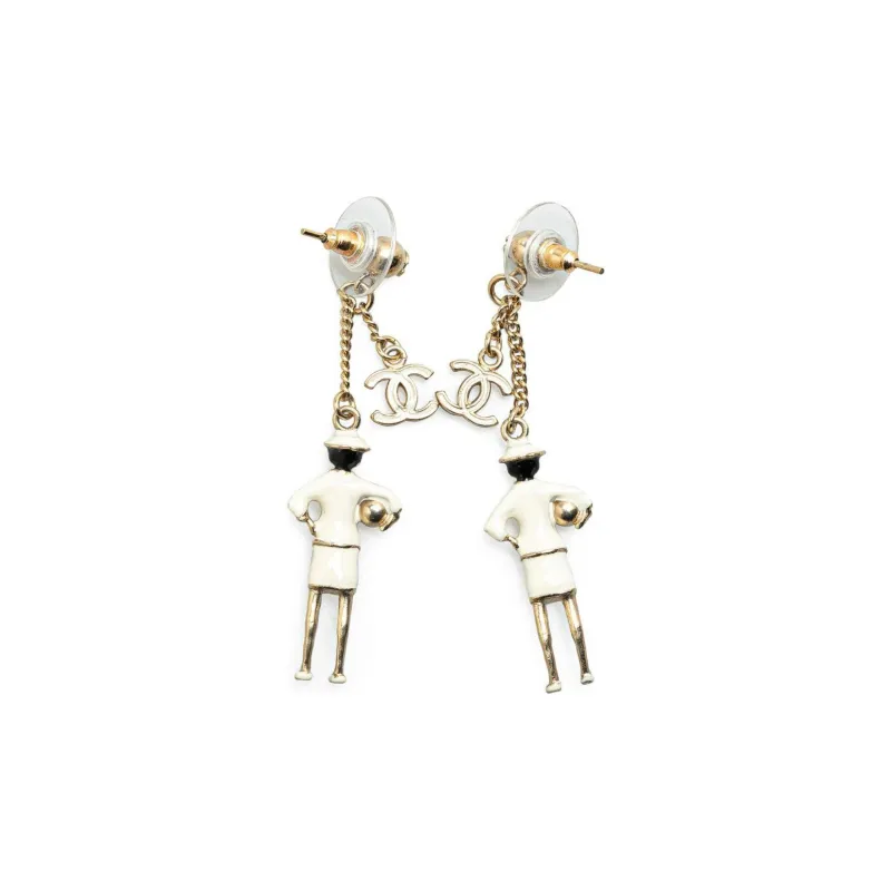 CHANEL 2012 Gold Plated Enamel Cc Faux Pearl Mademoiselle Drop Costume Earrings-1