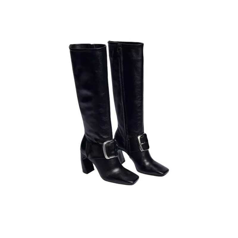 ZARA Maxi Buckle Knee-high Boots 9cm Women's Black-2