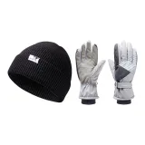 Knitted Hat (Black)+Ski Glove (Light Gray)