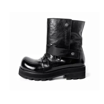 HUANXIANGZHE High Top Cow Leather Martin Boots Unisex Black