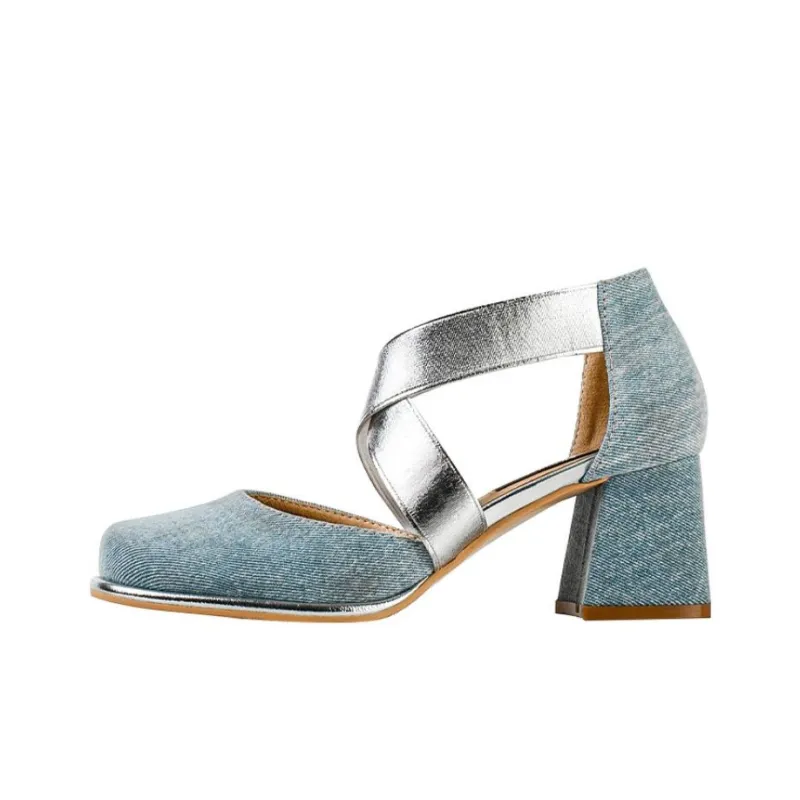 Wonderful Couple Chunky Heel High Heels 6cm Women's Denim Blue-0