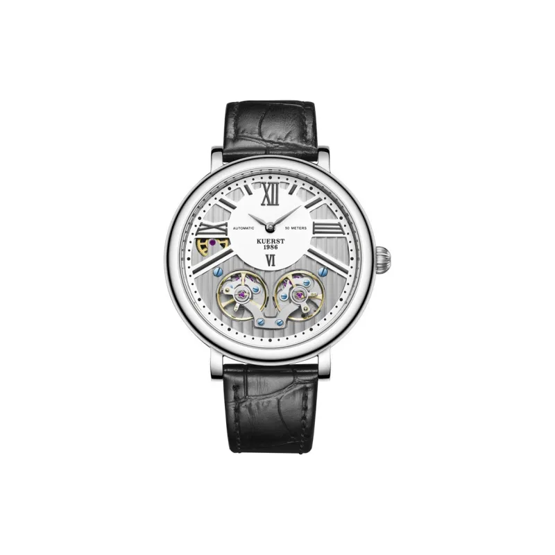 KUERST Mechanical Movement Cow Leather Strap Watch Men's Watches White Dial-0