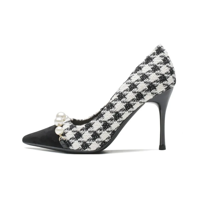 Ainer-cat Slim Heel High Heels 7cm Women's Black Patchwork-0