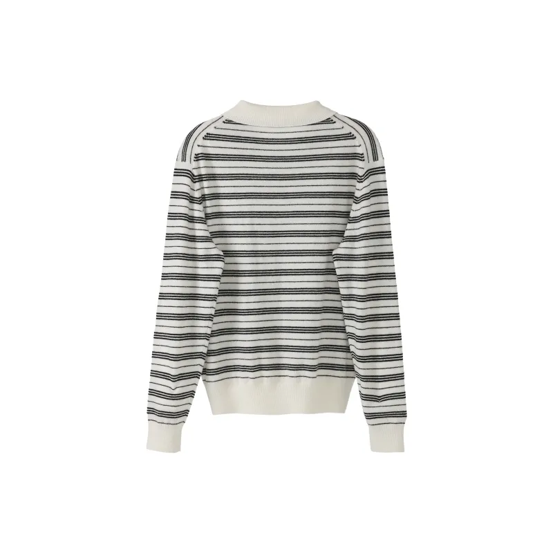 Fstudio Fall And Winter Korean Style 100% Wool Lapel Stripes Base Knitwear Women's Black-1