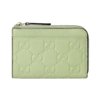 GUCCI Litchi Grain Leather Card Holder Women's Light Green