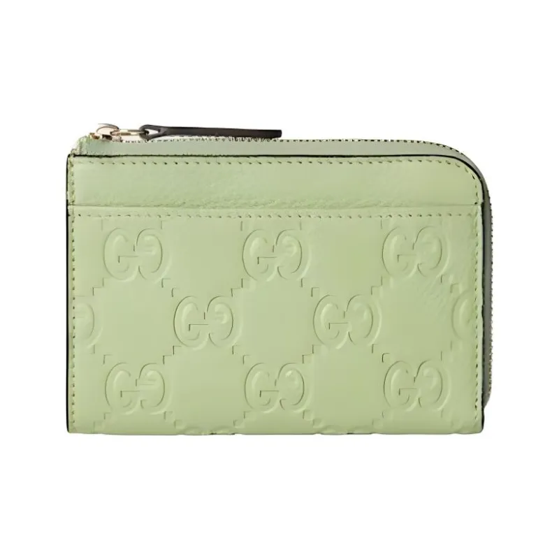 GUCCI Litchi Grain Leather Card Holder Women's Light Green-0